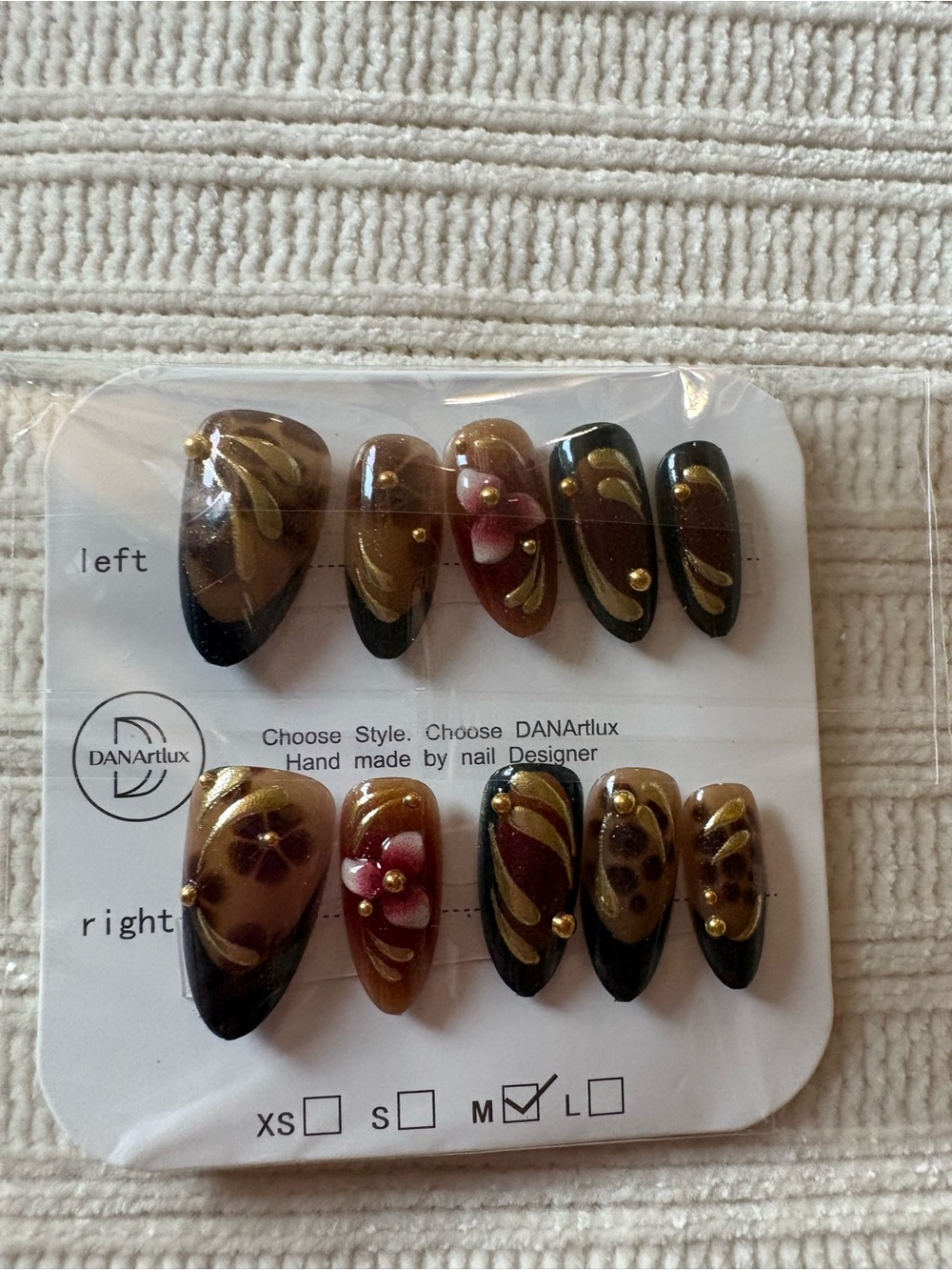 Brown & Black Hand-Painted Press-On Nails Size Medium